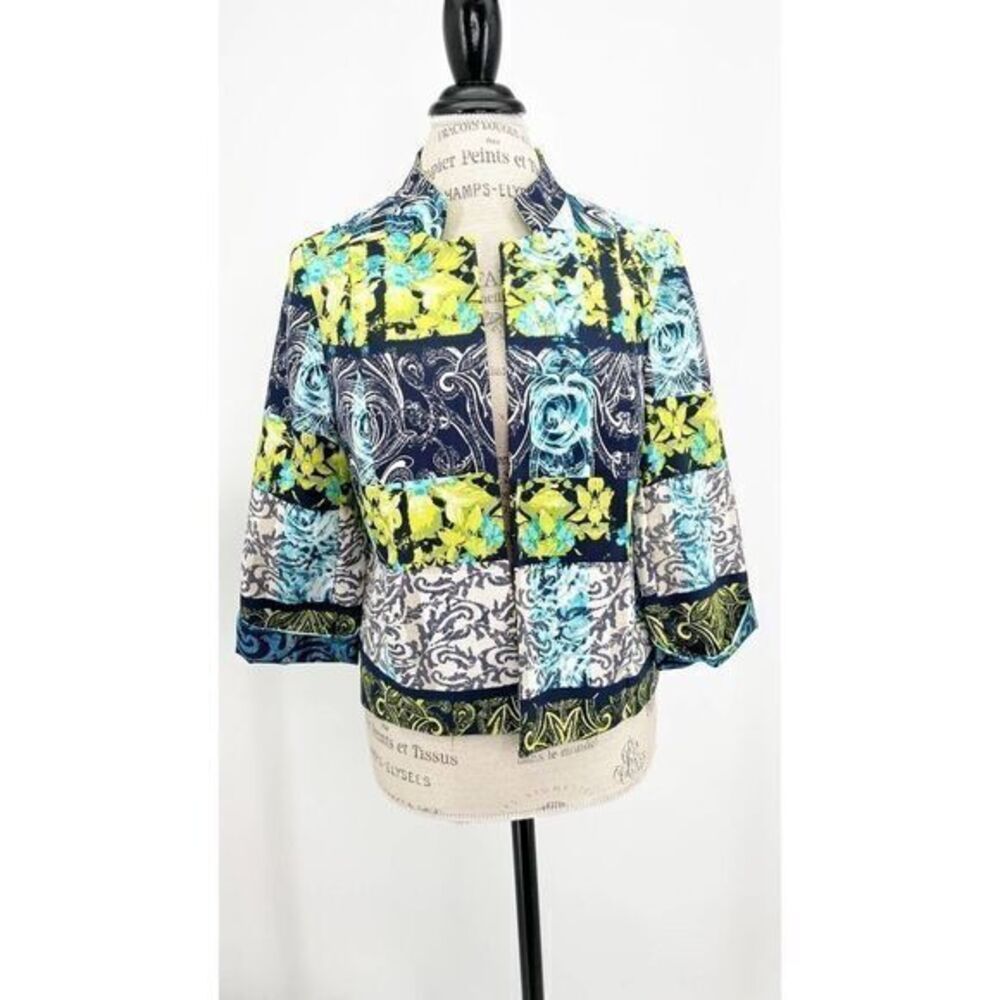 ALIA PETITE Patchwork Cropped Blue Blazer Jacket 6PT